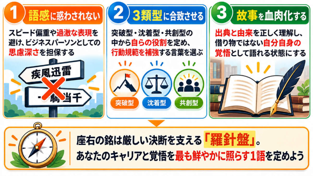 座右の銘選定の3大原則を示す図解。脱・定番、類型一致、故事理解による行動規範の確立を表現。