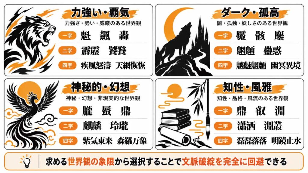 創作イメージ別の逆引き難読漢字チートシート(力強い・ダーク・神秘的・知性の4系統分類)