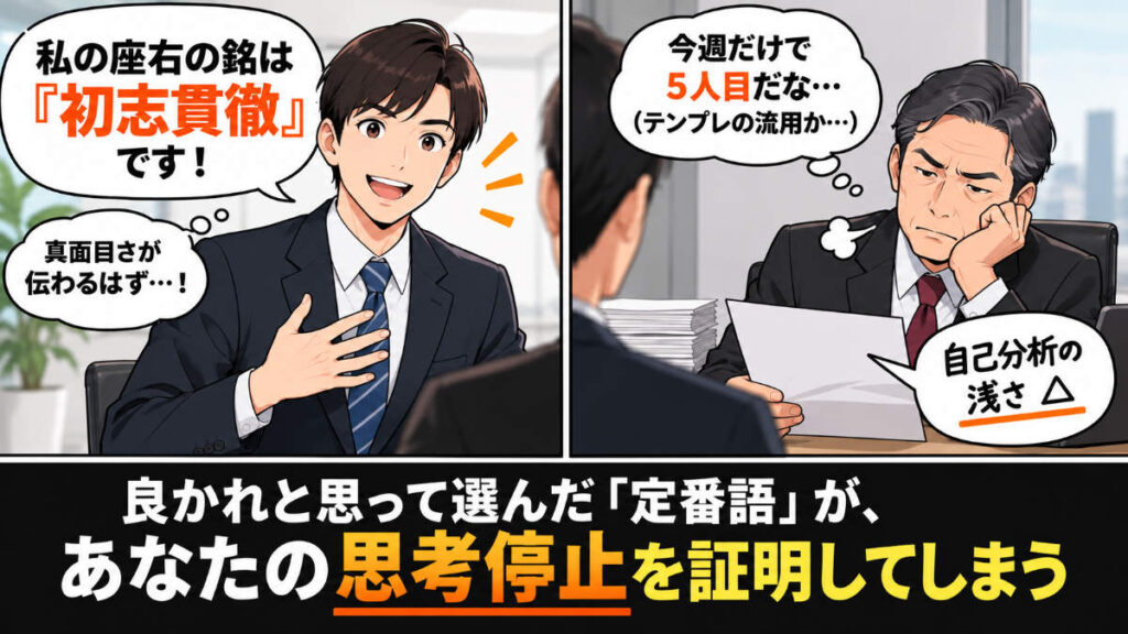 定番の四字熟語「初志貫徹」をアピールする若手と「またテンプレか…」と冷めた視線を送る面接官を描いた2コマ風ビジネス漫画