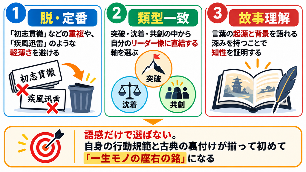 四字熟語の選定基準を示す3枚カード図解。定番語の陳腐化回避、3つのリーダーシップ類型への合致、故事成語の背景理解という3原則を表現。